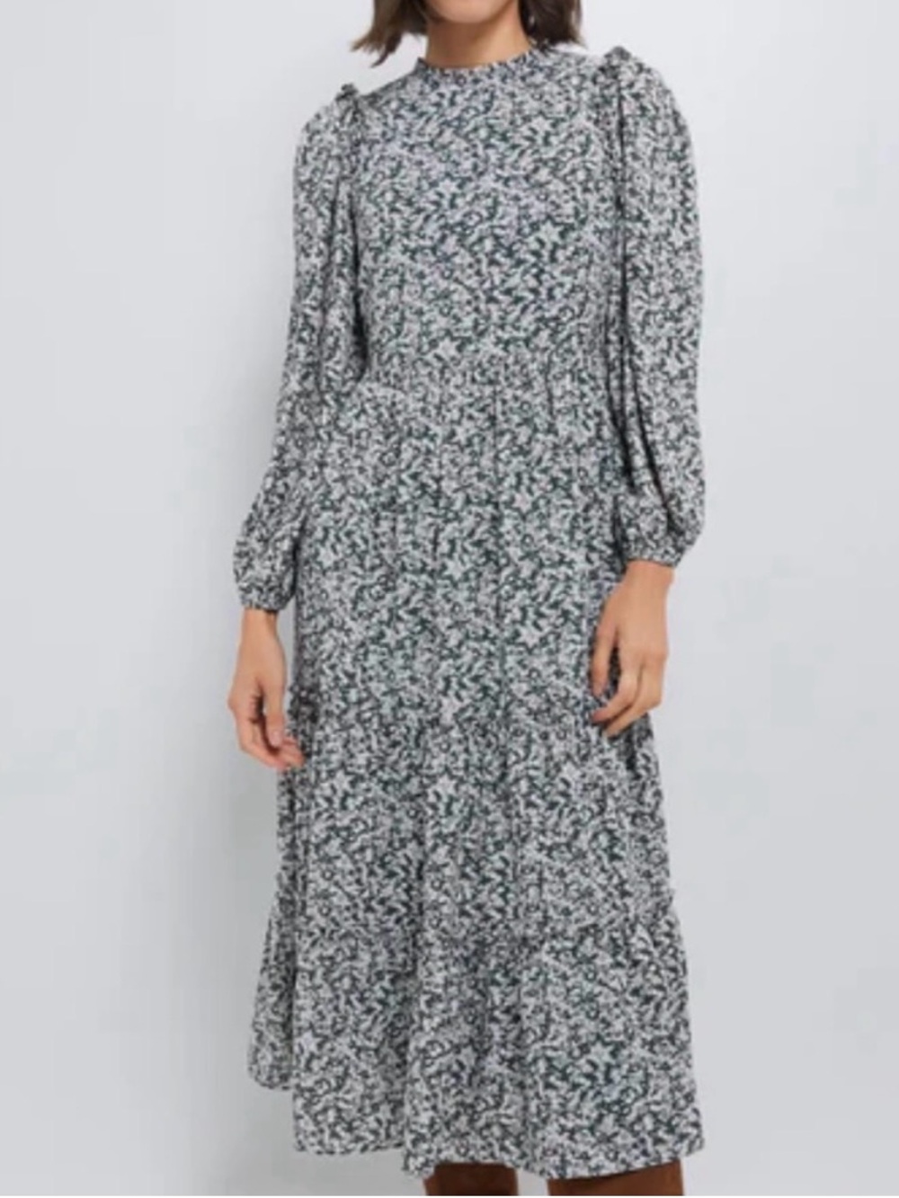 High-Neck Tiered Midi Dress in Green Floral